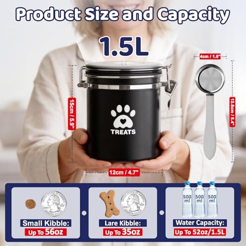ENONCI Airtight Dog Treat Canister, 304 Stainless Steel Food Storage Jar with Date Dial Black-1.5L