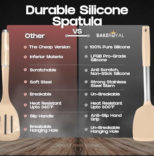 BakeRoyal Silicone Spatula Set - Turner Spatulas Silicone Heat Resistant 600°F - Slotted & Solid Silicone Spatulas for Cooking Fish, Eggs, Pancakes Flipper – Silicone Cooking Utensils Set – Beige