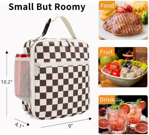 Lunch Box for Women Men Adult Insulated Lunch Bag Women Men Small Reusable Lunchbox for Work Picnic Travel (Coffee-White Plaid)