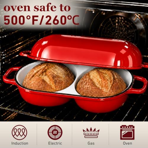 Double Dutch Oven for Sourdough Bread Baking,2.2QT Enameled Cast Iron Dutch Oven Pot with Lid,500°F Oven Safe Non Stick Bread Loaf Pan,Sourdough Baking Pan for Homemade Baking（red）