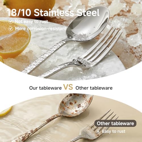 60 Piece Hammered Silverware Set, 18/10 Stainless Steel Flatware Set for 12