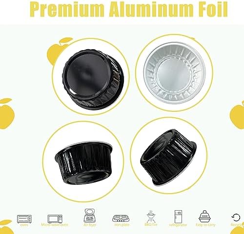 100Pcs Aluminum Cups with Lids,5oz Disposable Ramekin Baking Cups Muffin Liners Mini Pie Pans Foil Cupcake Containers for Christmas Party Wedding Party,Black