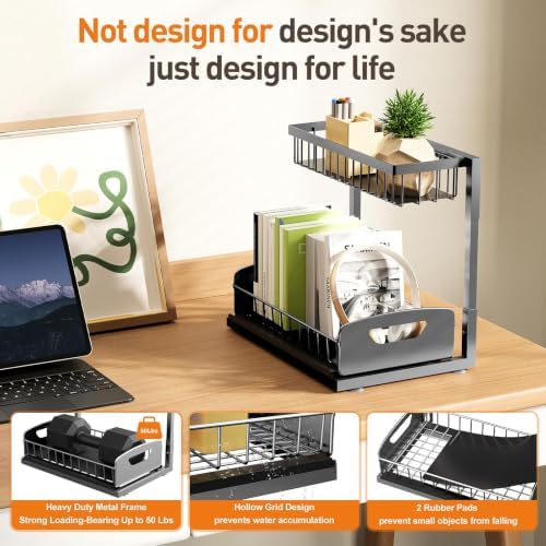 Under Kitchen Sink Organizer, Metal Pull Out Bathroom Organizers and Storage, 2-Tier Cabinet Organizer Shelf with Sliding Drawer, Home Organization for Kitchen, Laundry, Pantry, Dark Grey, 2 pack