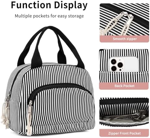 Lunch Bag Women Lunch Box for Women Adult Cute Insulated Lunch Bag Small Cooler Lunch Tote Bags for Work Picnic Travel (Black Stripes)