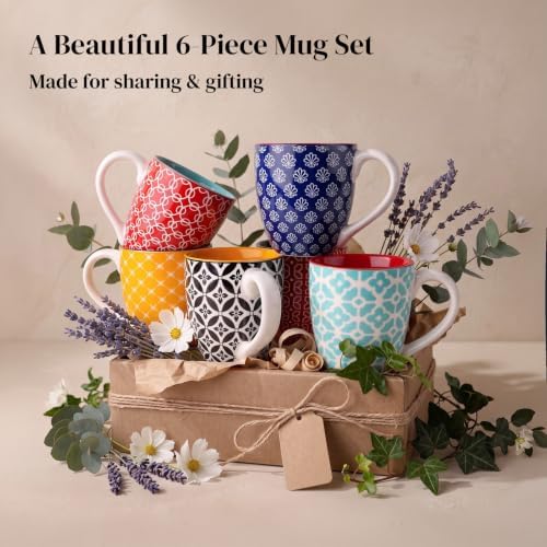 DOWAN 16 OZ Boho-Mosaic Coffee Mugs Set of 6, Large Ceramic Coffee Mugs with Handle, Bohemian Home Decor Gift Set for Housewarming, Wedding & Birthday