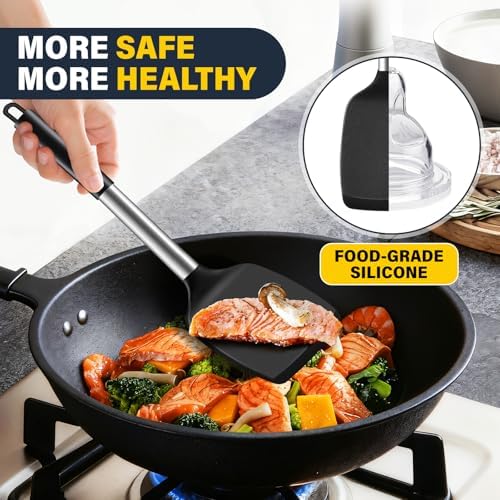 Silicone Spatula Set, Heat Resistant Fish Spatula, Solid & Slotted Turner for Non-Stick Pans, Silicone Cooking Utensils, BPA-Free, Flexible Kitchen Spatula for Flipping Eggs, Burgers, Black, 3 PCS-B