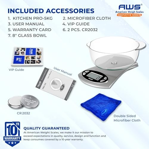 AWS Kitchen Pro 0.1g/0.001oz Precision Food Scale 5kg/11lb Digital Bowl Scale with Tempered Glass, | 2.72L Dishwasher-Safe Bowl, Tare, Timer, Clock & Room Temperature Display | Ultra Cooking Scale