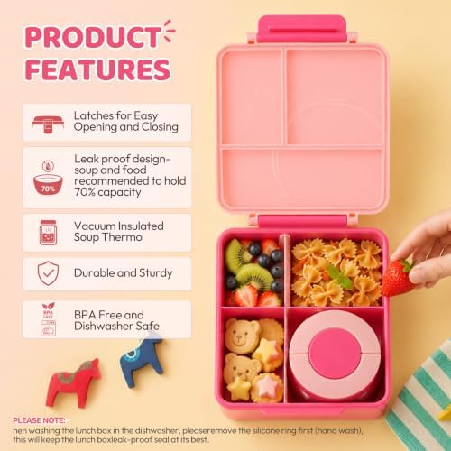 Bento Lunch Box for Girls with 8oz Soup Thermo & Lunch Bag, Leak-Proof Lunch Food Containers with 4 Compartment, Hot Food Insulated Food Jar for Kids School (Pink)