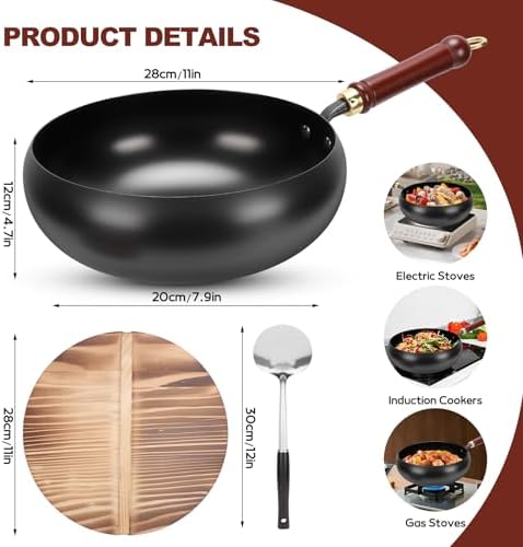 Gugxiom Suntuup Japanese Iron Pan, 28cm/11in Cast Iron Wok (Wooden lid)
