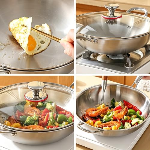 Stainless Steel 316 Wok with Glass Lid, Tri-Ply Stir Fry Pan with Handle, Induction Compatible (14 inch)