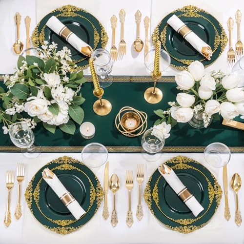 Nervure 350Pcs Green Plastic Plates, Plastic Dinnerware Set for 50 Guests