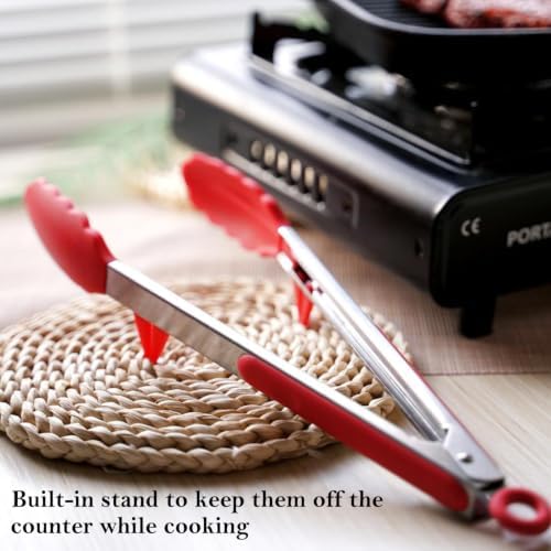 Kitchen Tongs for Cooking with Silicone Tips, 3 Size Serving Tongs, Red