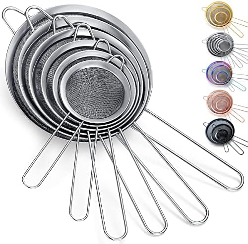 Kyraton Fine Mesh Strainer 6 Pieces Set, Flour Sifter For Baking, Stainless Steel Clander, Matcha Tea Strainer, Gravy Separator, Stasher Sieve Pasta Strainers