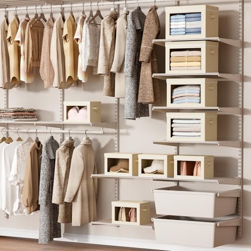 Homsorout Storage Bins with Lids - Small Fabric Organizers with Window, Collapsible Storage Bins for Clothes, Decorative Closet Organizers for Towels, Tshirt, 3 Pack, Beige
