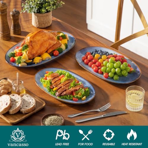 vancasso Ceramic Serving Platters Set of 3, Oval 16/14.7/13.5 Inch Stoneware Serving Dishes for Entertaining, Microwave Safe Serving Trays for Food, Turkey, Cheese, Party, Reactive Glaze Blue