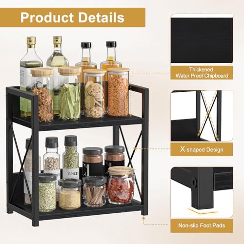Giikin Countertop Organizer, 2 Tier Coffee Station Organizer for Desktop, Wood Counter Shelf Spice Rack for Kitchen (Black, M)
