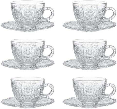 Glass Teacups and Saucers Set of 6, Vintage Coffee Mugs with Stainless Steel Spoon, Dishwasher & Microwave Safe Teacups for Espresso Cappuccino Latte Tea Juice, 7OZ/210ML, Clear