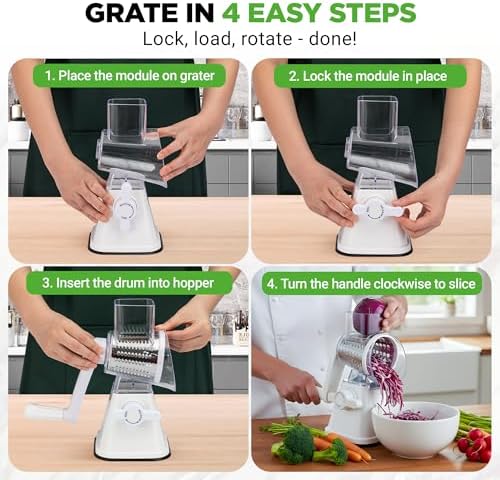 NutriChef 3 in 1 Cheese Grater & Shredder | Strong Suction Base, Rotary Handle with Safety Lock | Includes Hand Crank & 3 Drum Blades for 3 Textures, Fine, Medium & Strips | White