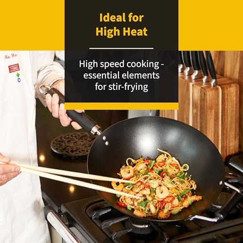 Ken Hom 12" Carbon Steel Nonstick Stir Fry Wok - Soft Touch Helper Handle and Lightweight Flat Bottom Design