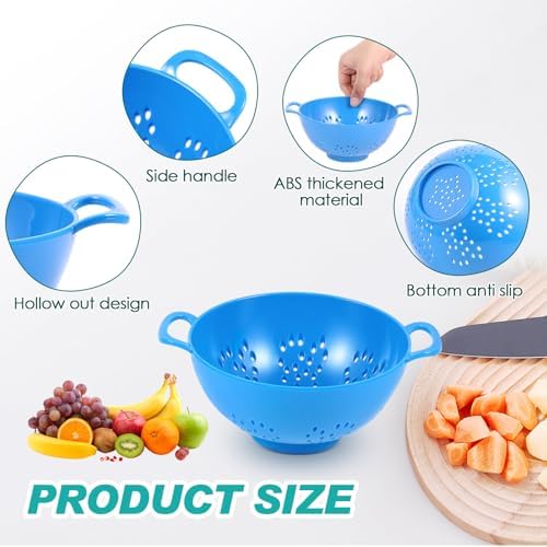 Baderke 4 Pack Mini Colander for Kitchen Plastic Berry Strainer with Double Handles 7.5 x 6 x 3 Inch Small Colander Strainer for Fruits Vegetables Food (Light Blue,Army Green,White,Blue)