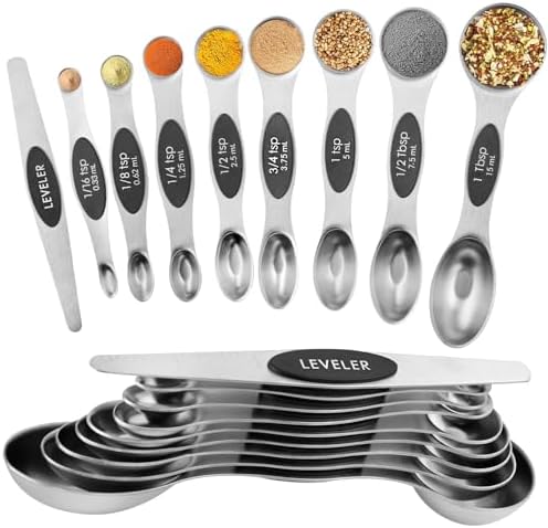 Magnetic Measuring Spoons Set Stainless Steel with Leveler, Dual-Sided Metal Measuring Spoons for Baking & Cooking, Fits in Spice Jars, Must-have Kitchen Gadgets, 8 Measuring Spoons & 1 Leveler, Black