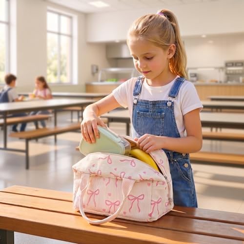 LEDAOU Lunch Box for Women Insulated Lunch Bag Corduroy Lunch Tote Bags Leakproof Cooler Lunch Case for Travel Work Picnic (Bow Tie Beige)