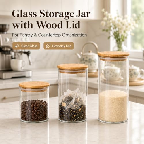 MOLFUJ 550 ML / 18 FL Oz Glass Storage Container with Wood Lid, Stackable Clear Decorative Organizer Bottle Canister Pantry Jar with Air Tight Wooden Lid for Food, Coffee, Candy, Sugar, Salt, Tea