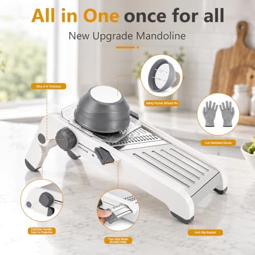 Safe Mandoline Slicer for Kitchen - All in One Adjustable Vegetable Slicer, Waffle Fry Cutter, Mandolin Vegetable Cutter for Potato, French fry, Carrot, Onions, 1 Pair Cut-Resistant Gloves Included