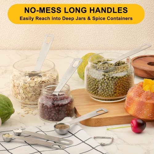 Stainless Steel Measuring Spoons Set, 6 Piece Metal Measuring Spoon Set for Dry & Liquid Ingredients, Heavy Duty 18/8 Steel with Engraved US & Metric Marks, Nesting Kitchen Spoons for Cooking Baking