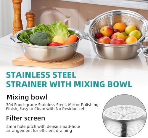 Stainless Steel Colander for Kitchen 2-Quart, Strainer Microporous with Mixing Bowl, Rice Strainer for Washing Vegetables, Fruit and Draining Cooked Pasta, Dishwasher Safe