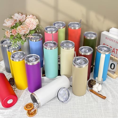 YOUKE OLA 16 Pack Stainless Steel Skinny Tumblers Bulk Straight Double Wall Powder Coated Insulated Tumbler with Lid and Straw for Laser Engrave, DIY Gift, 20oz Mix Colors