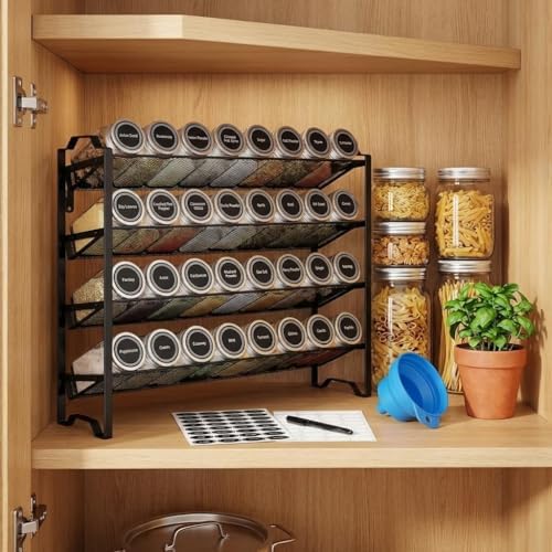 Simple Trending 4-Tier Spice Rack Organizer, Spice Rack with 32 Empty Spice Jars, 64 Spice Labels, Chalk Marker and Funnel Set for Cabinet, Wall Mount, Countertop, Kitchen, Pantry, Black