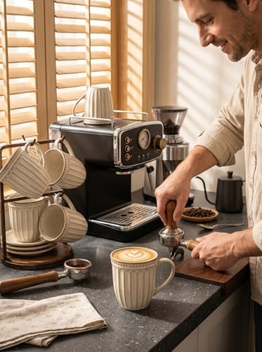 HASENSE Textured Coffee Mugs Set of 4, 16 Oz Ribbed Ceramic Cups with Large Handle for Latte Tea Cappuccino, Stackable Embossed Mugs for Everyday Use, Microwave & Dishwasher Safe, Creamy Beige