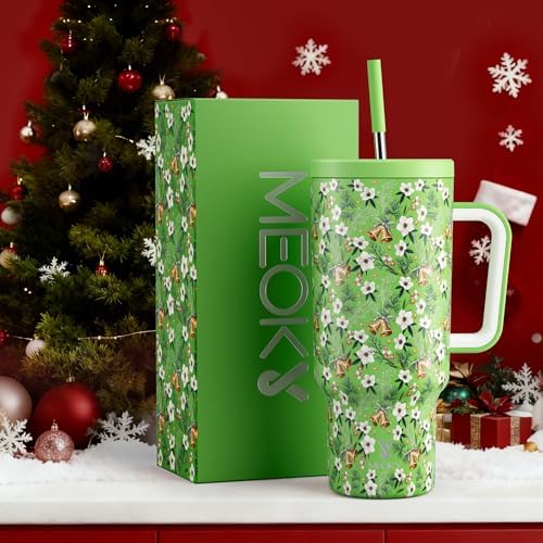 Meoky 40 oz Christmas Tumbler with Handle and Straw, Xmas Tumbler with Lid and Straw, Insulated Stainless Steel Travel Mug, for Women Men Adults (Jingle Bloom)