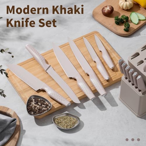 E-far Knife Set, 15-Piece Kitchen Knife Block Set with Sharpener, Khaki