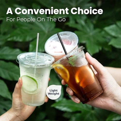 Fit Meal Prep 100 Pack 9 oz Plastic Iced Coffee Cups with Flat Lids and Clear Straws, Disposable Clear Cup, BPA Free Cup for Party, Smoothie, Cold Drinks, Juice, Milkshake, Bubble Boba, Tea