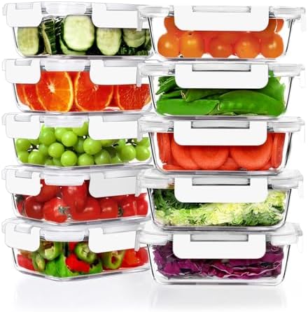 VERONES 10 PACK 22 OZ Glass Meal Prep Containers Set with Lids, White