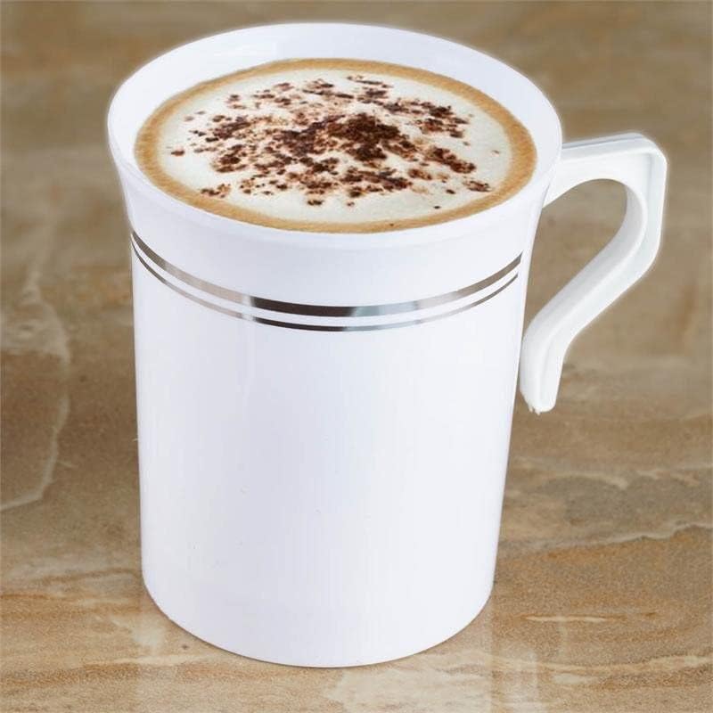 BloominGoods 50 Heavyweight Disposable White Plastic 8 oz. Coffee Mugs with Silver Trim | Tea, Cappuccino, Espresso Cups with Handles (50-Pack)