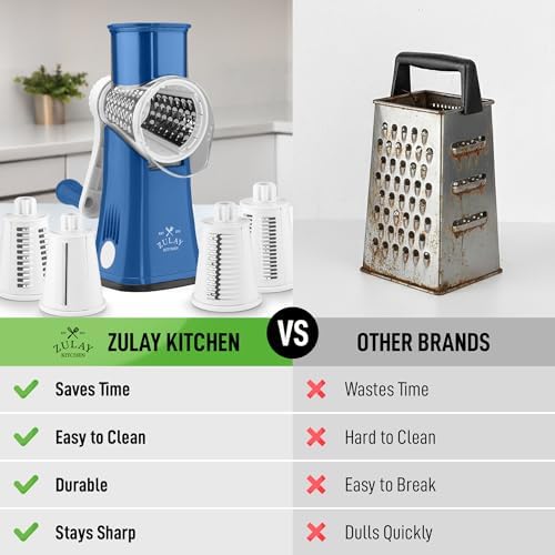 Rotary Cheese Grater Manual Hand Crank 5 Blade Shredder, Blue & White
