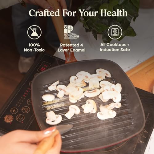 CUMIN CO. Enameled Cast Iron Grill Pan 10 Inch, 1.2 QT Grill Skillet – Non Toxic PFAS Free Cookware – Indoor Grill Pan for Steak, Chicken, Burgers & Vegetables – Induction & Oven Safe (Color: Rust)