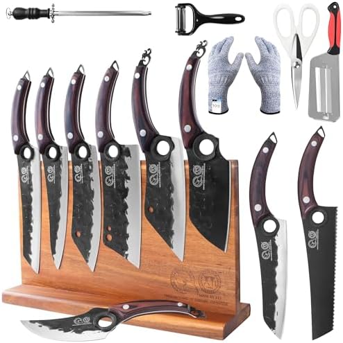 XYJ Knife Block Set, Full Tang Knives with Wood Magnetic Knife Block