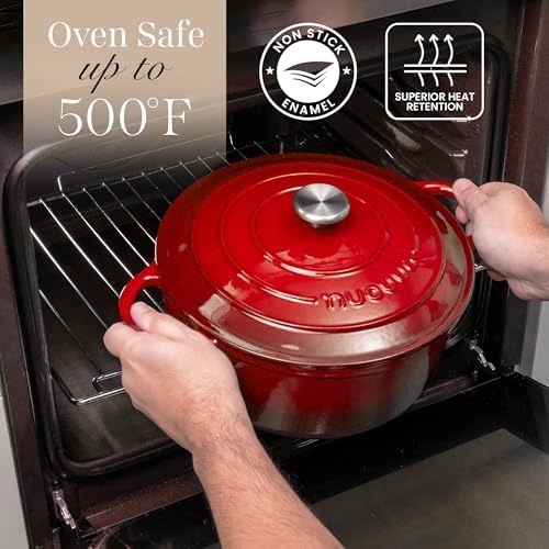 Nuovva Enamelled Cast Iron Dutch Oven Pot with Lid-6.4 Quart Non Stick Casserole Pot-Heavy Duty & Oven Safe up to 500° F for Bread Baking, Braising, Stews, Roasting - 28cm Red