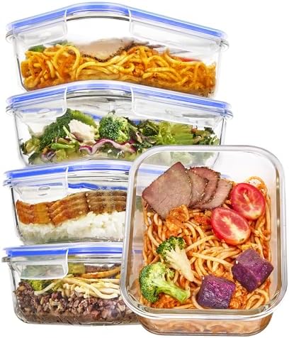 Vtopmart 5 Pack 35oz Glass Food Storage Containers with Lids, Blue