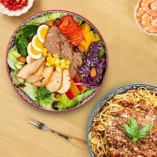 75 Oz Serving Bowls,Bohemian Style Large Porcelain Dishes for Entertaining Parties,Big Bowls for Eating Soup, Salad, Pasta, Fruit, Chips, 10.3 Inch Diameter (orange)