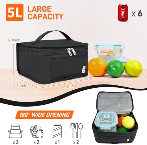 NOL Mini Insulated Lunch Bag for Women Men Kids | Small Leakproof Reusable Lunch Tote | Fits 6 Cans 330ml | Thermal Cooler for Work School Picnic Camping, Black, 5 Liters