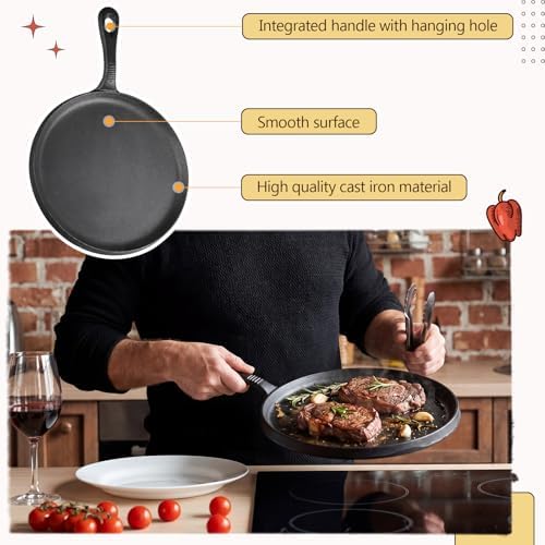 10 Inch Cast Iron Round Griddle, Seasoned Skillets with Ring Handle, Heat Resistant Griddle for Pancakes, Tortillas, Pizza, Durable Griddles Pan for Stove Top Oven Safe for Cooking
