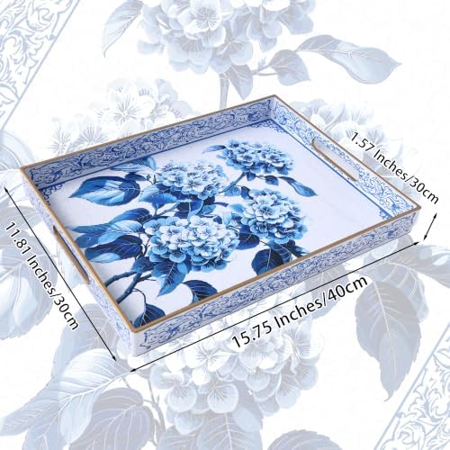 Serving Tray with Handles, Rectangular Plastic Tray 15.75x11.81 Inch, Decorative Tray for Kitchen, Dining Table, Vanity, Office & Home (Blue Hydrangea, 15.8" x 11.8" x 1.6")
