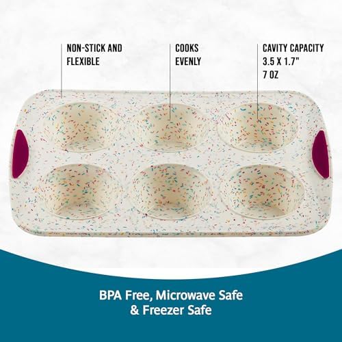 Trudeau Structure White Confetti 6-Cup Jumbo Muffin Pan – Premium Steel-Reinforced Silicone Bakeware, Nonstick BPA-Free Cupcake & Muffin Mold – Oven, Freezer & Dishwasher Safe
