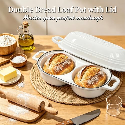 Enameled Cast Iron Double Round Bread Loaf Pot with Lid –Cream White