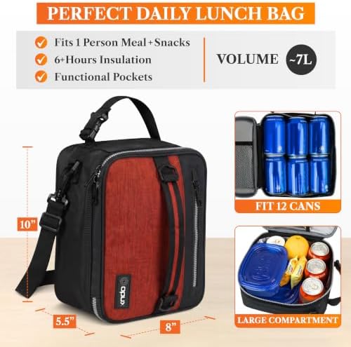 opux Insulated Lunch Bag for Men Women Kids, Soft Lunch Box, Red